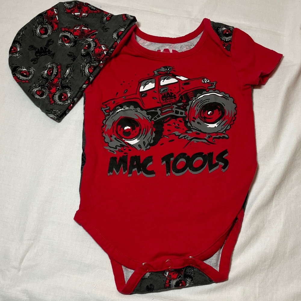 3-6M Red Mac Tools Baby Onesie and Hat Set